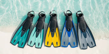 A colorful lineup of the best swim fins for snorkeling on a sandy beach.