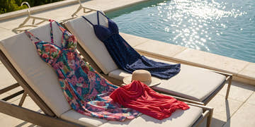Different styles of swimming suits for women, including floral and navy designs, laid out by a pool.