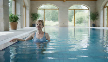 Adult doing gentle supported water walking in an indoor pool