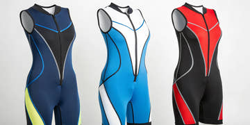 A selection of high-performance racing competition suits for elite swimmers.