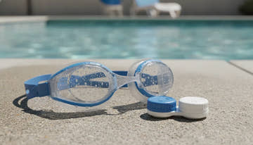 Swim goggles resting on a pool deck next to a contact lens case