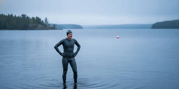 Open-water swimmer wearing a dark wetsuit entering a calm blue lake near shore