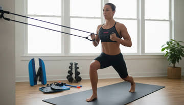 Competitive swimmer performing resistance band training for dryland exercise at home