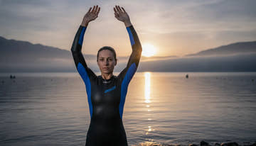 Triathlete wearing a snug-fitting triathlon wetsuit with arms raised to test shoulder range of motion