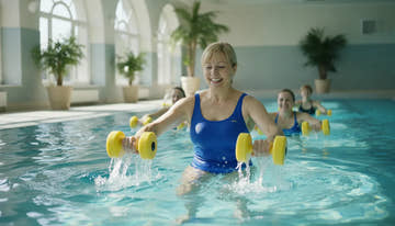 Woman performing water aerobics in a pool wearing a supportive one-piece swimsuit
