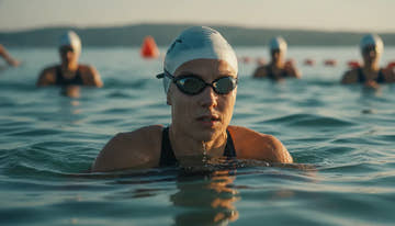 Triathlete wearing tinted triathlon goggles preparing for an open-water race