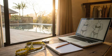 Laptop, swimwear sketches, and a measuring tape on a desk to order swimwear online.