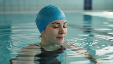 Swimmer in a silicone swim cap at a pool with wet hair