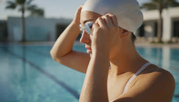 Competitive swimmer adjusting clear anti-fog goggles at the pool edge