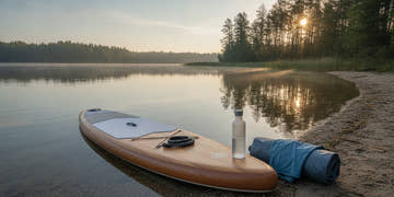 Paddle board with a neatly arranged leash, water bottle, dry bag, and sun shirt on a calm shoreline