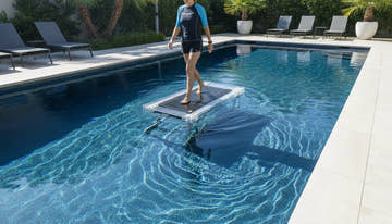 Adult walking on a pool treadmill in a backyard swimming pool