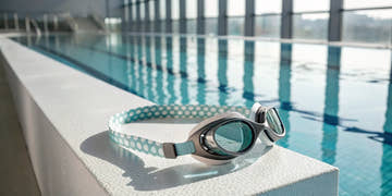 Splash swim goggles with a tangle-free, polka dot fabric strap.