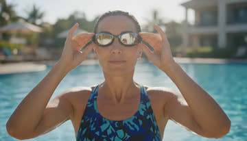 Adult swimmer adjusting sporty mirrored swim goggles by a sunlit outdoor pool