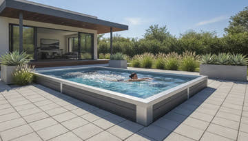 A modern swim spa in a backyard with a person swimming against a counter-current flow
