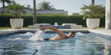 Swimmer practicing against a current in a compact home swim spa