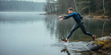 Athlete in a wetsuit moving from a wooded shoreline into a swimrun session
