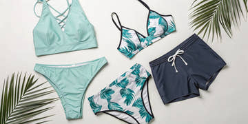 A man and woman in fashionable swimwear, showing different styles you can buy online.