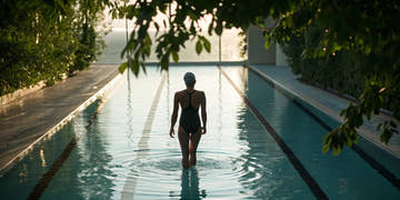 Woman in a one-piece swimming suit standing in a lap pool.