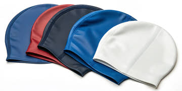 Finding the best swim caps from a selection of blue, red, black, and white options.