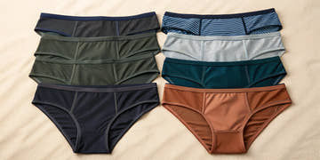 A collection of men's brief swimwear in various styles and colors.