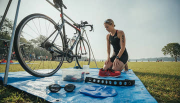 Triathlon gear organized for swim bike run race day