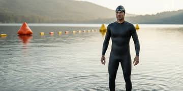 Triathlete in a wetsuit preparing beside an open-water race course