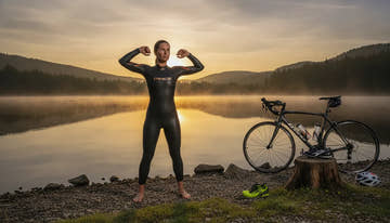 Triathlete checking the fit of an open-water wetsuit