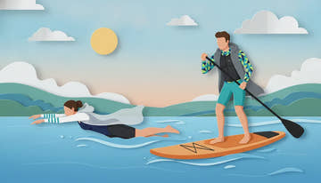 Illustrated swimmer and paddleboard participant wearing layered water sports apparel