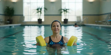 Swimmer using aquatic resistance weights during a pool exercise session