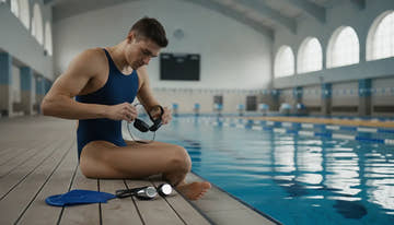 Swimmer preparing waterproof headphones beside an indoor pool