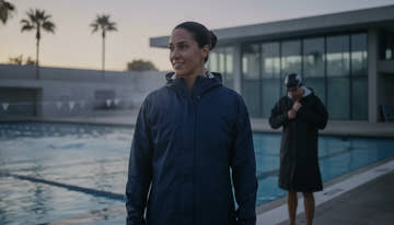 Competitive swimmer in a waterproof swim parka beside a pool at an outdoor swim meet