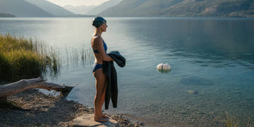 Swimmer preparing a wetsuit and swimwear beside a calm open-water shoreline