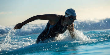 A swimmer trains in a comfortable and durable practice swim suit.