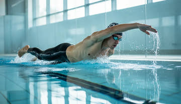 Competitive triathlete in black neoprene buoyancy shorts training in a lap pool