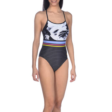 Arena W Dark Floral Stripes Accelerate Back One Piece  Competition Swimsuits  Arena