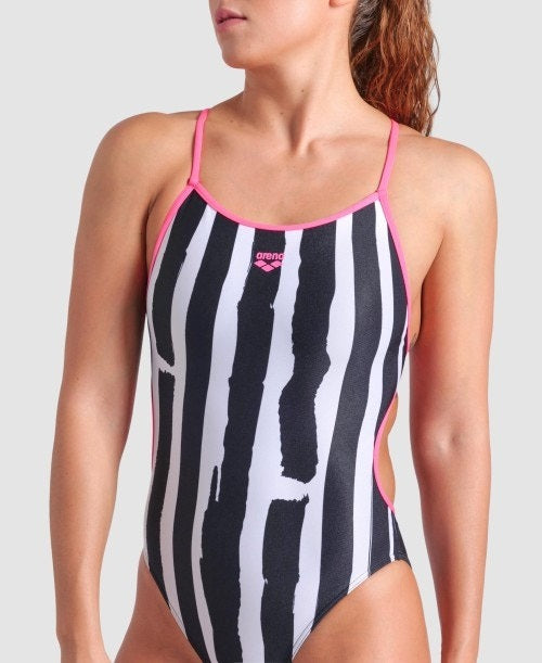 Arena Women's Painters Stripe Lace Back One Piece Swimsuit  One Piece Swimsuits  Arena