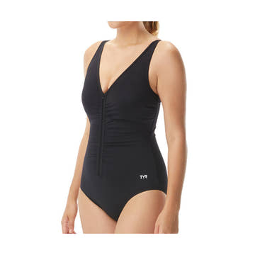 Tyr Solid V-Neck Zip Controlfit Swimsuit  Women's Aquatic Fitness Swimsuits  Tyr