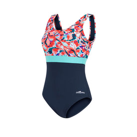 Aquashape Women's Wanderlust Color Block Moderate Scoop Back One Piece Swimsuit Navy  One Piece Swimsuits  Dolfin