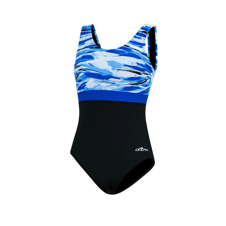 Aquashape Women's Wanderlust Color Block Moderate Scoop Back One Piece Swimsuit Blue  One Piece Swimsuits  Dolfin