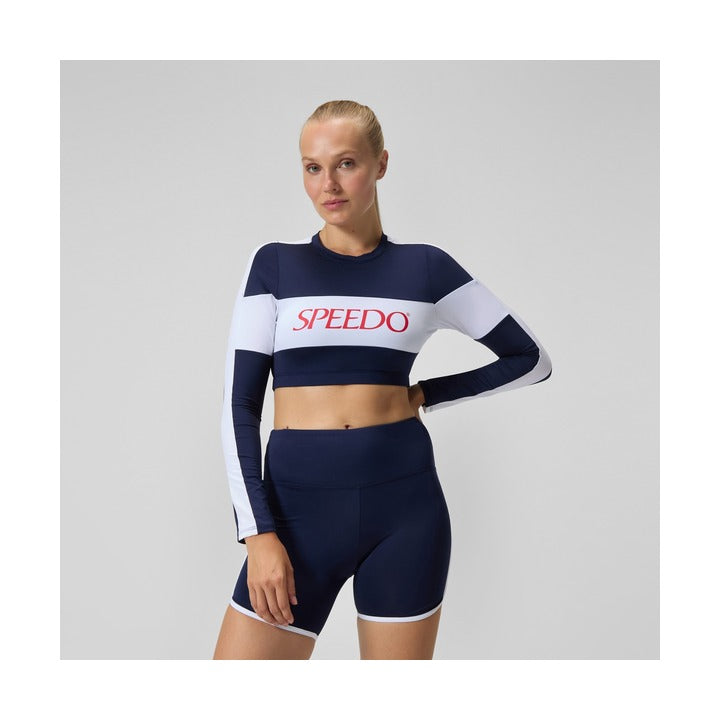 Speedo Women's Long Sleeve Colorblock Logo Crop Rashguard Swim Top  Long Sleeve Rash Guard  Speedo