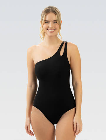 Dolfin Women's Aquashape Moderate Asymmetrical One Piece: Black Ribbed Knit  Competition Swimsuits  Dolfin