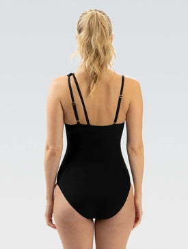Dolfin Women's Aquashape Moderate Asymmetrical One Piece: Black Ribbed Knit  Competition Swimsuits  Dolfin