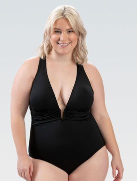 Aquashape Women's Black Contemporary Deep V-Neck One Piece Swimsuit  Competition Swimsuits  Dolfin