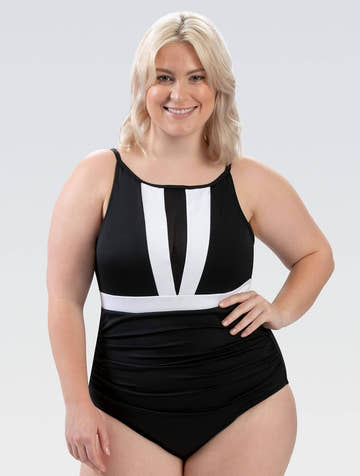 Aquashape Women's Color Block Moderate Boat Neck One Piece Swimsuit  Competition Swimsuits  Dolfin