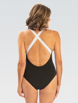 Dolfin Solid Scoop Neck Contemporary One-Piece with Criss-Cross Back Straps  Women's Aquatic Fitness Swimsuits  Dolfin