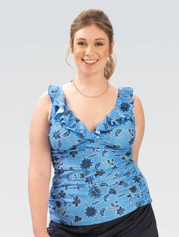 Dolfin Women’s Aquashape Amour Capri Printed Ruffle Surplice Tankini  Women's Tankini Top  Dolfin