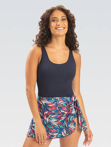 Dolfin Women's Printed Deep Scoop Neck Swim Dress with Attached Sarong Skirt  Women's Aquatic Fitness Swimsuits  Dolfin