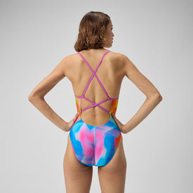 Speedo Women's Printed Double X Back One Piece Swimsuit Extended Colors  One Piece Swimsuits  Speedo