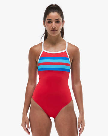 TYR Women's Stripe Durafast Elite Diamondfit Fit Katie Ledecky Swimsuit  One Piece Swimsuits  Tyr
