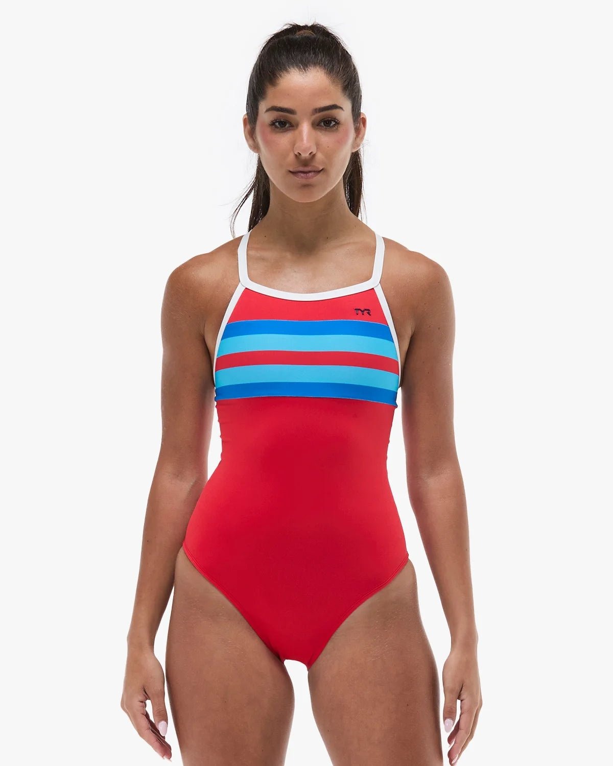 TYR Women's Stripe Durafast Elite Diamondfit Fit Katie Ledecky Swimsuit  One Piece Swimsuits  Tyr